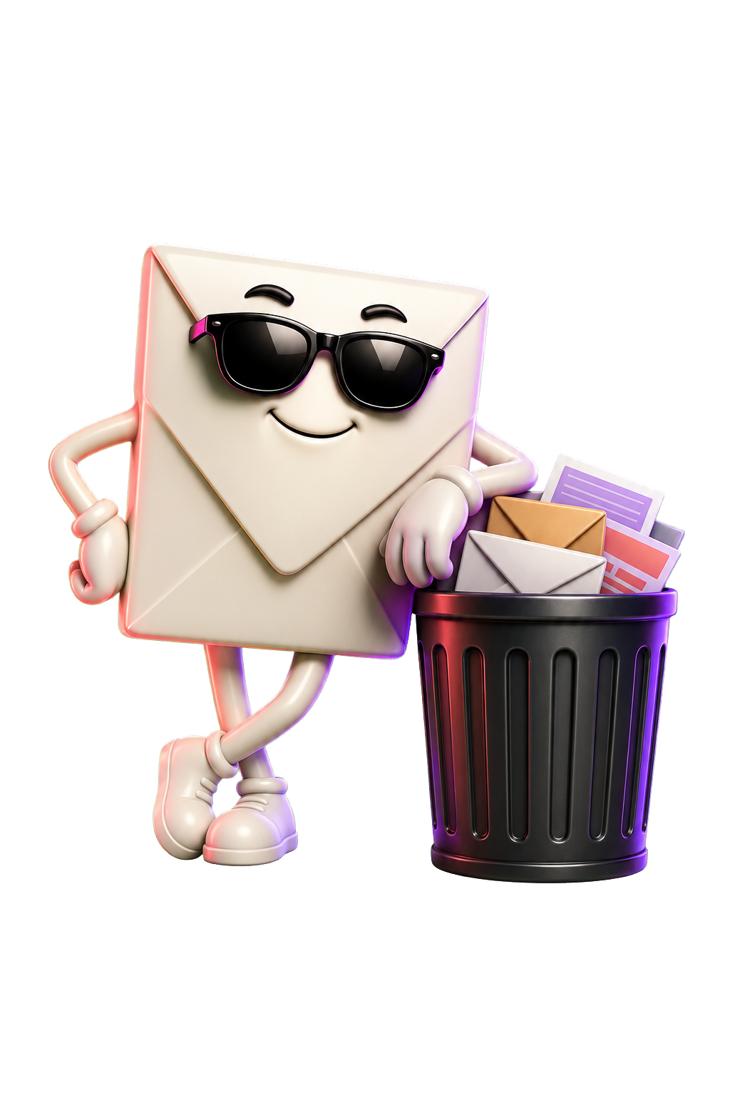 Mascotte enveloppe Nikomok avec lunettes, adossée à une poubelle à spams